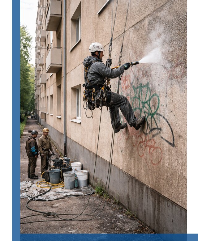 Удаление граффити с фасада в Находке без следов и повреждений