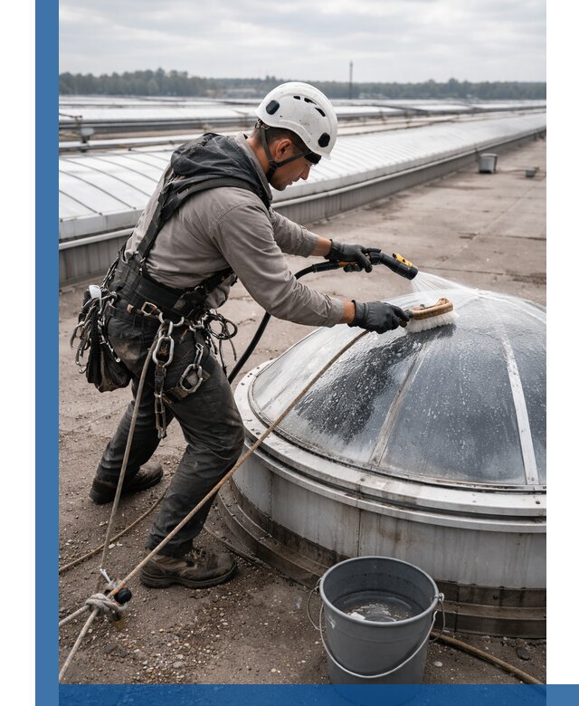 Мойка зенитных фонарей на кровле для промышленных объектов в Находке