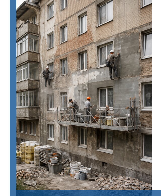 Капитальный ремонт фасада в Находке с восстановлением и гидроизоляцией