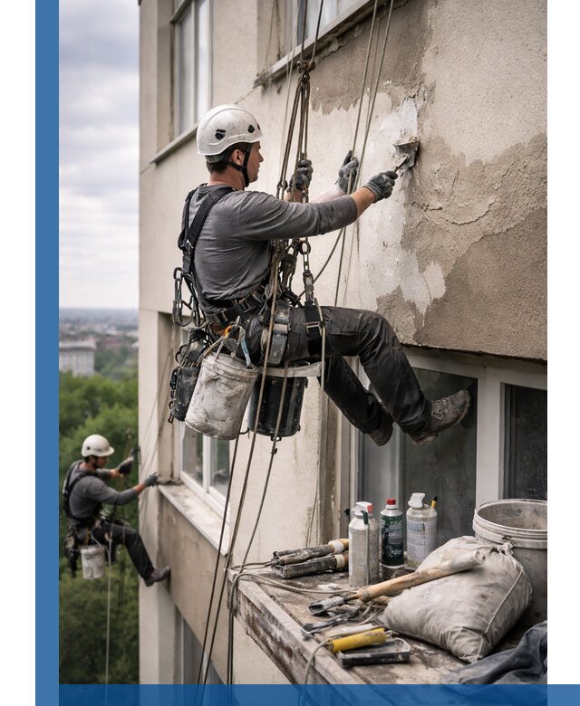 Косметический ремонт фасада зданий в Находке промышленными альпинистами