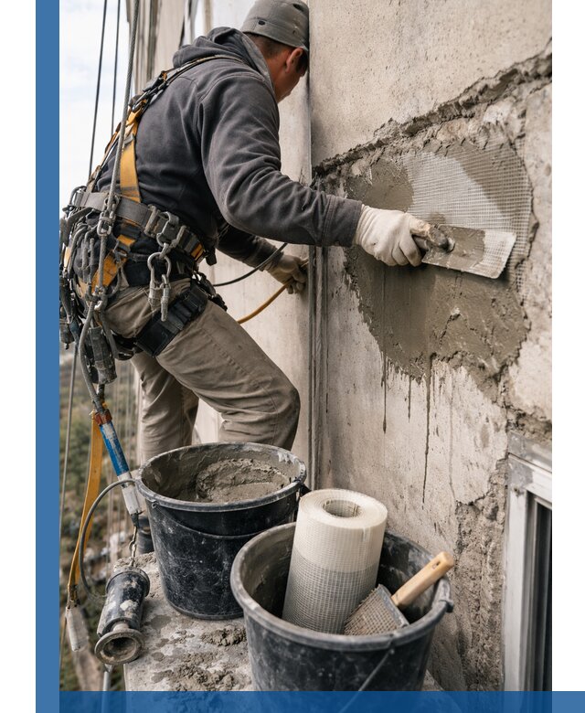 Ремонт бетонных элементов фасада промышленными альпинистами в Находке