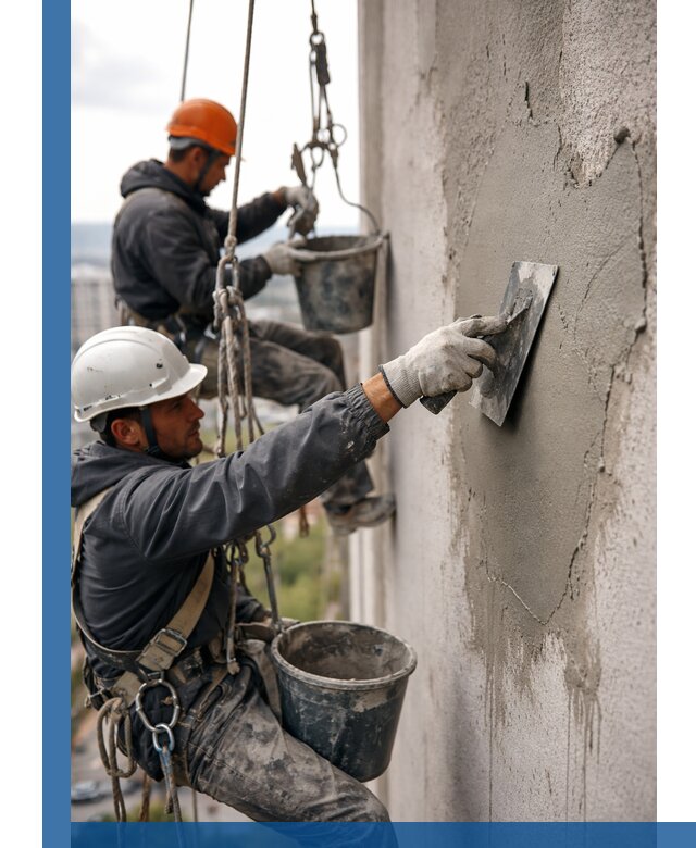 Штукатурка фасада на высоте в Находке профессиональные работы