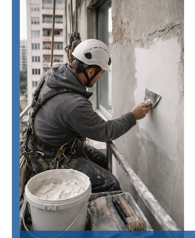 Шпаклевка фасадов на высоте с промальпинистами в Находке