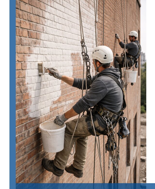 Покраска кирпичного фасада с доступным альпинистским сервисом в Находке