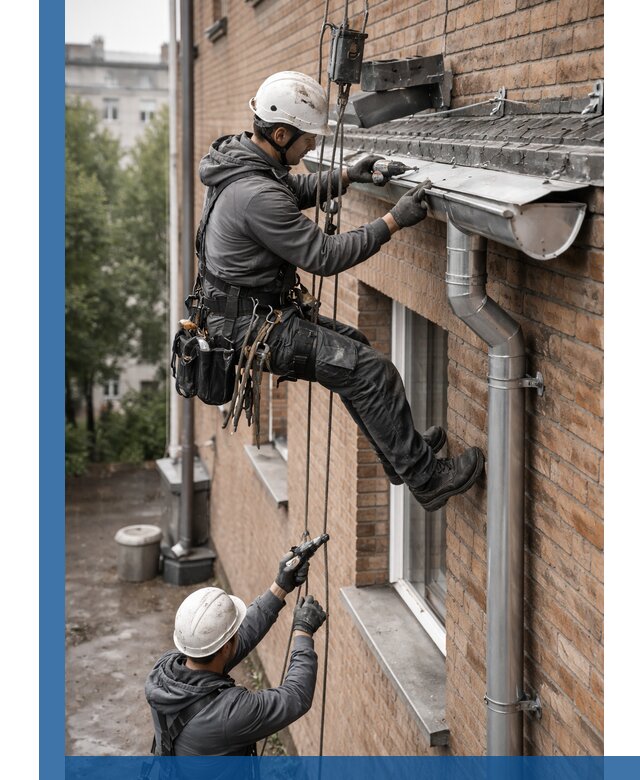 Монтаж водосточной системы на здании в Находке под ключ