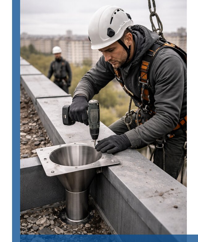 Монтаж водосточных воронок в Находке для промышленных зданий