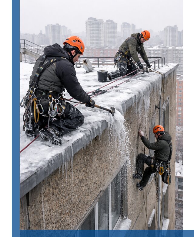 Удаление наледи с кровли в Находке промышленными альпинистами