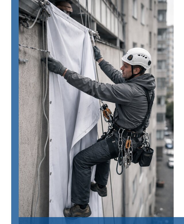Замена баннерного полотна промышленными альпинистами в Находке