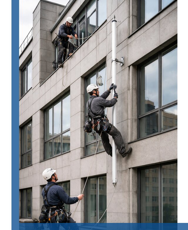 Монтаж флагштока на фасаде здания с креплением и герметикой в Находке