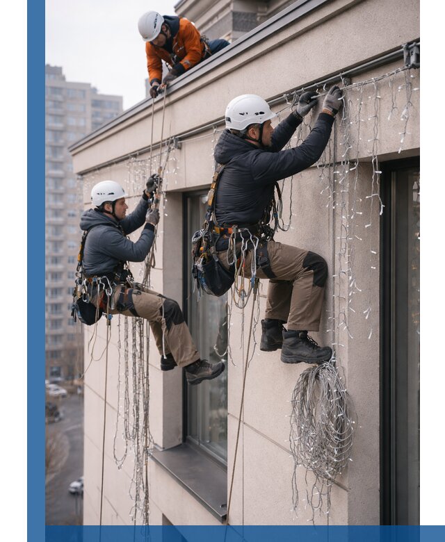 Монтаж праздничных гирлянд на фасаде в Находке для зданий