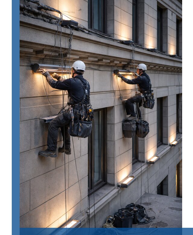 Монтаж архитектурной подсветки фасадов зданий в Находке