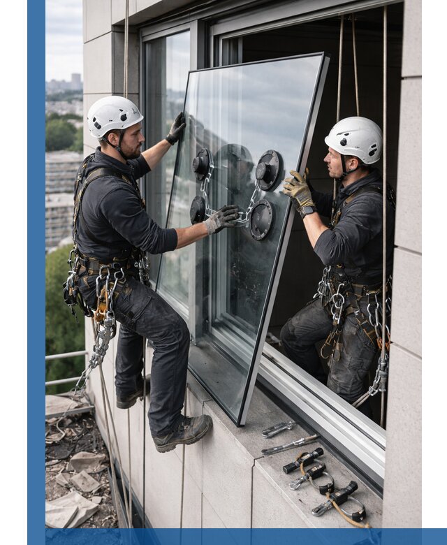 Замена стеклопакетов на высоте с промышленными альпинистами в Находке