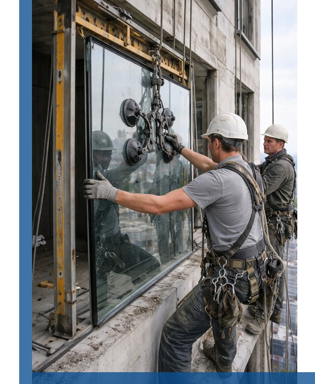Монтаж стеклопакетов на высоте в Находке с промышленным альпинизмом