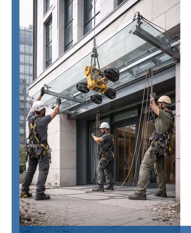 Монтаж стеклянных козырьков под ключ в Находке для зданий