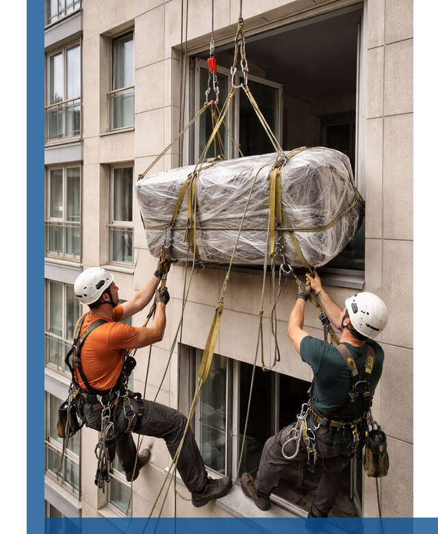 Подъем грузов через окно в Находке промышленными альпинистами